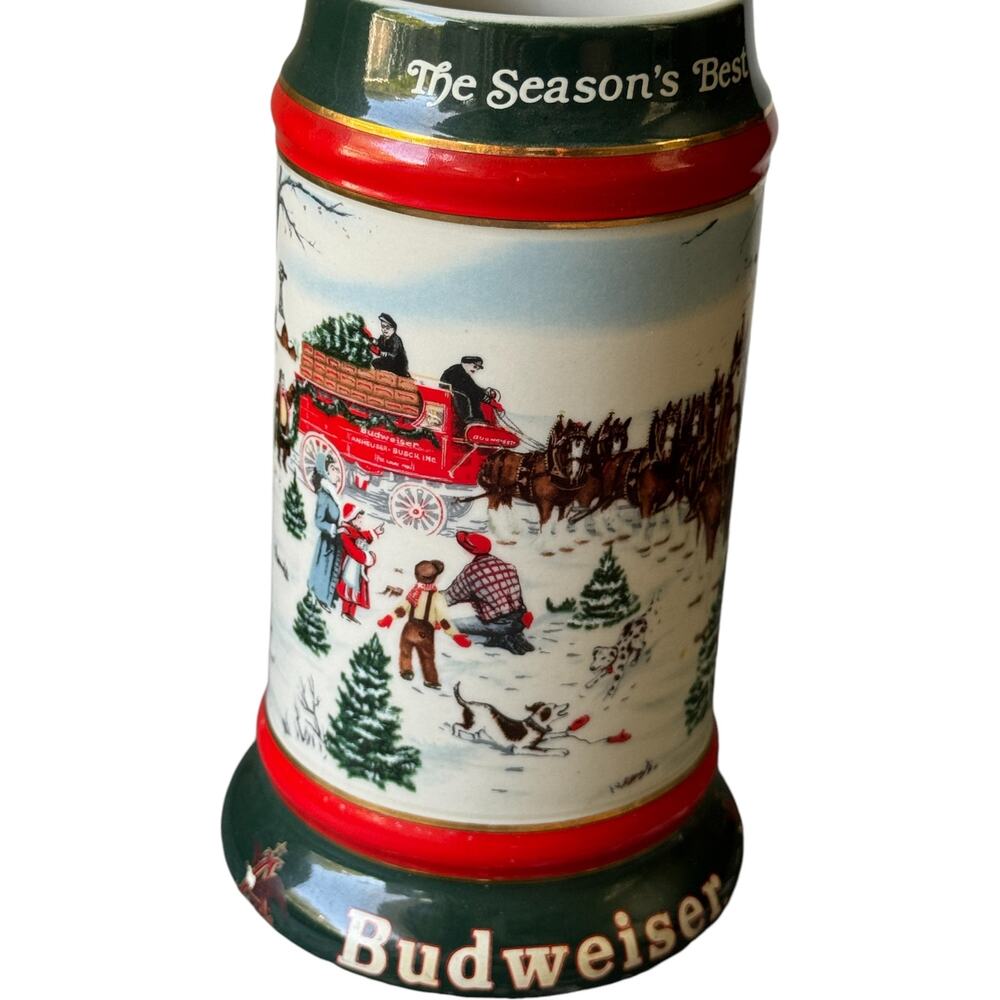 Budweiser 1991 Beer Holiday Stein No Handle Clydesdales Christmas Collectible